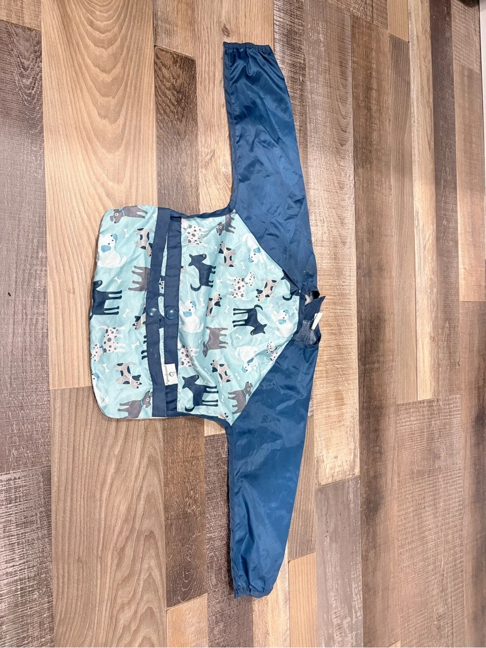 Waterproof Long-Sleeve Baby Bib in Navy and Light Blue with Animal Print